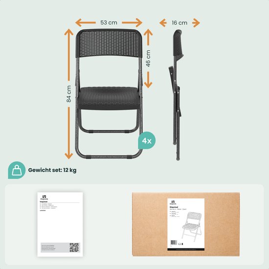 LifeGoods Set de 4 chaises pliantes - Chaises de jardin pliantes - aspect rotin noir - Chaises pliantes - capacité de charge de 200 kg