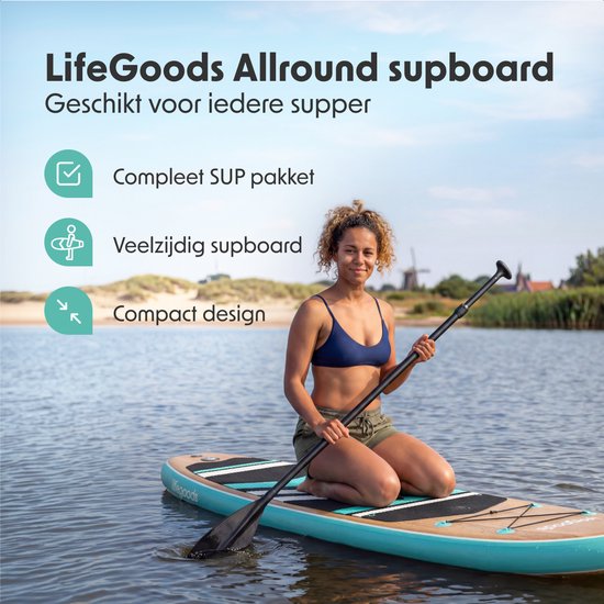 LifeGoods PaddlePro SUP Board - avec siège - Planche à pagaie gonflable - Ensemble complet - Max. 150KG - 320x81cm - Bois/Vert Menthe