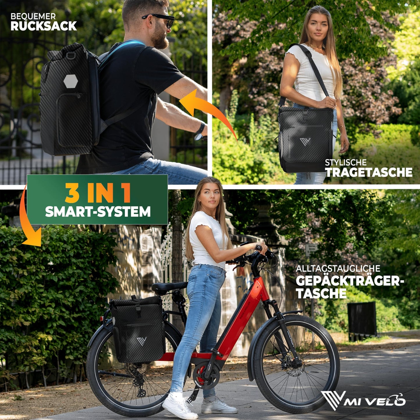 MIVELO EVO 25L – Sac de vélo 3 en 1 pour porte-bagages – sac à dos et sac à bandoulière – 100 % imperméable – Noir carbone