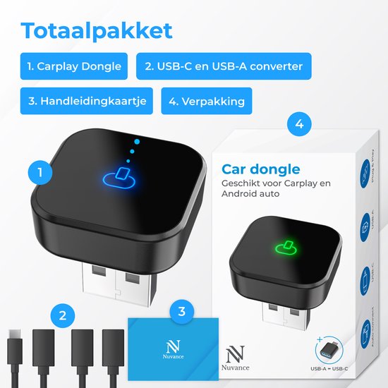 Nuvance CarPlay Dongle - Bluetooth Dongle - CarPlay Wireless - USB & USB C - Convient à Android Auto & CarPlay
