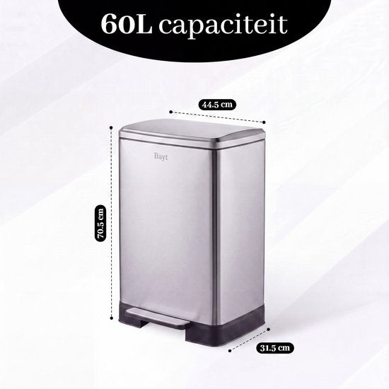 Poubelle Bayt - Poubelle 60 litres - Poubelle à pédale 60 litres - Poubelle 60 litres - Poubelle - Acier inoxydable - Argent