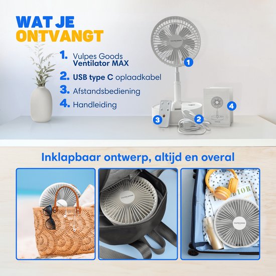 Vulpes Goods® Tech - Ventilateur sans fil sur trépied avec télécommande - 4en1 - Rechargeable et réglable - Silencieux - 12dB - Minuteur - Ventilateur de table, ventilateur sur trépied, ventilateur de sol, ventilateur USB - Version PRO