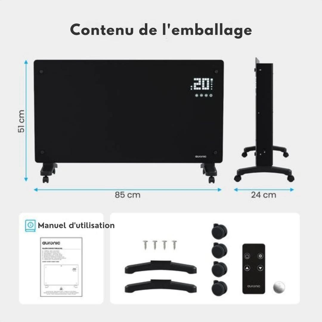 Radiateur électrique - Auronic - à convection avec thermostat et télécommande - Panneau en verre - 2500 W - Noir