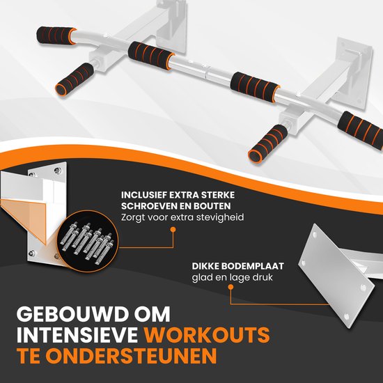 TTD® Premium Pull Up Bar - Pull Up Station - Wall Mount Pull Up Bar - Dip Station - Dip Bars - Home Sports - Home Fitness - Premium materials - Extra sturdy mounting parts - Home workout - White/Orange