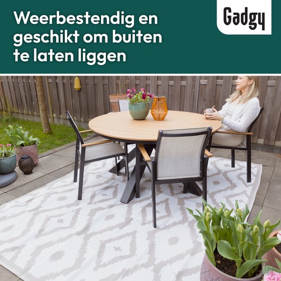 Tapis d'extérieur Gadgy XXL - Tapis d'extérieur 300x200 cm - Tapis de jardin double face - Tapis de pique-nique beige blanc - Tapis d'extérieur