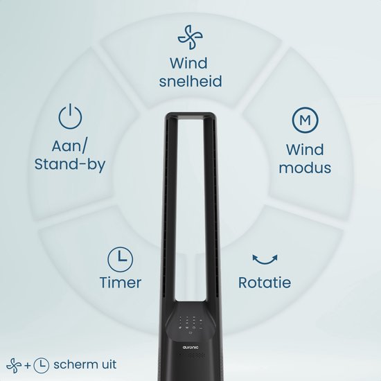 Ventilateur de tour Auronic - Modèle sans pales - Refroidisseur d'air - Ventilateur de sol - Ventilateur silencieux sur pied - 101 CM - 6 vitesses - Ventilateur - Avec minuterie - 39 dB - Gris