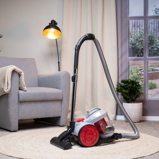 Aspirateur sans sac Dirt Devil - V8221 - 800W - Filtre HEPA 12 - Portée de 7.5M - avec brosse combinée, Kierzuugmond et accessoire pour meubles - 4.3KG - Boîte de récupération de la poussière 2.2L - Gris/Rouge