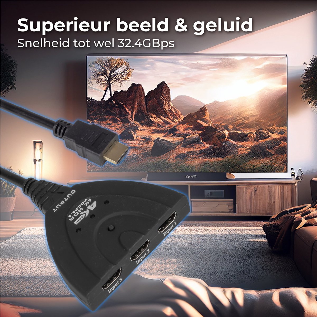 Commutateur HDMI Nuvance - 3 entrées, support 4K 60Hz - 60 cm - Noir