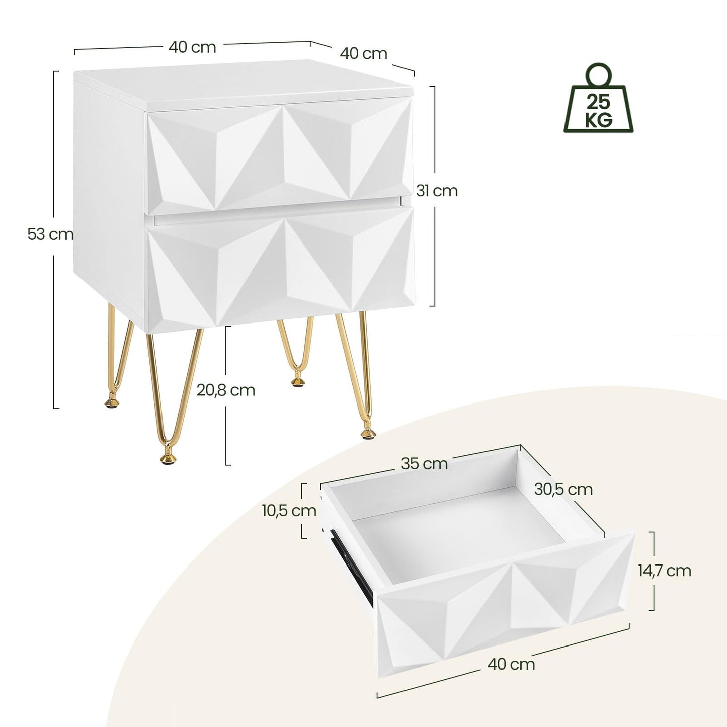 Table de chevet EUGAD à 2 tiroirs - façade 3D - blanc et or - MDF et pieds en métal - 40 x 53 x 40 cm