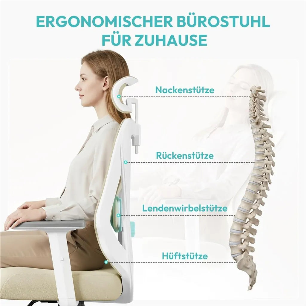 Chaise de bureau ergonomique Yaheetech avec appui-tête et soutien lombaire réglables - Beige - 70 x 59 x 115-125 cm