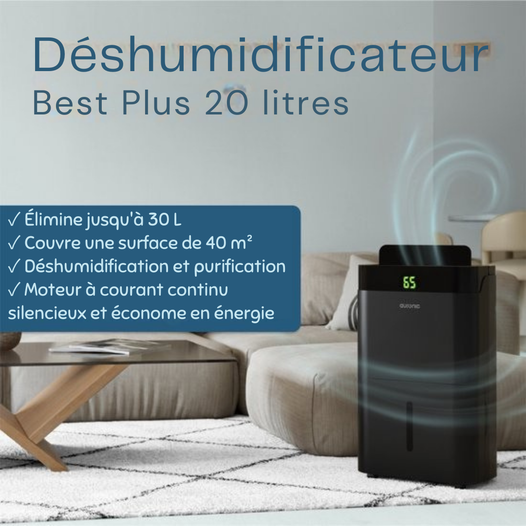 Déshumidificateur et purificateur d'air Auronic - Better Plus Series - Déshumidifie 20L par jour - Réservoir d'eau de 5L - Chambre à coucher, salle de bain, salon et bureau - Dévoreur d'humidité pour la maison - Noir