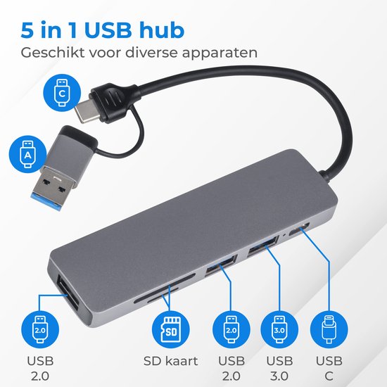 Nuvance - Hub USB C 3.0 - 5 Ports - Répartiteur USB - Station d'accueil USB C - Lecteur de carte micro SD USB C - Gris