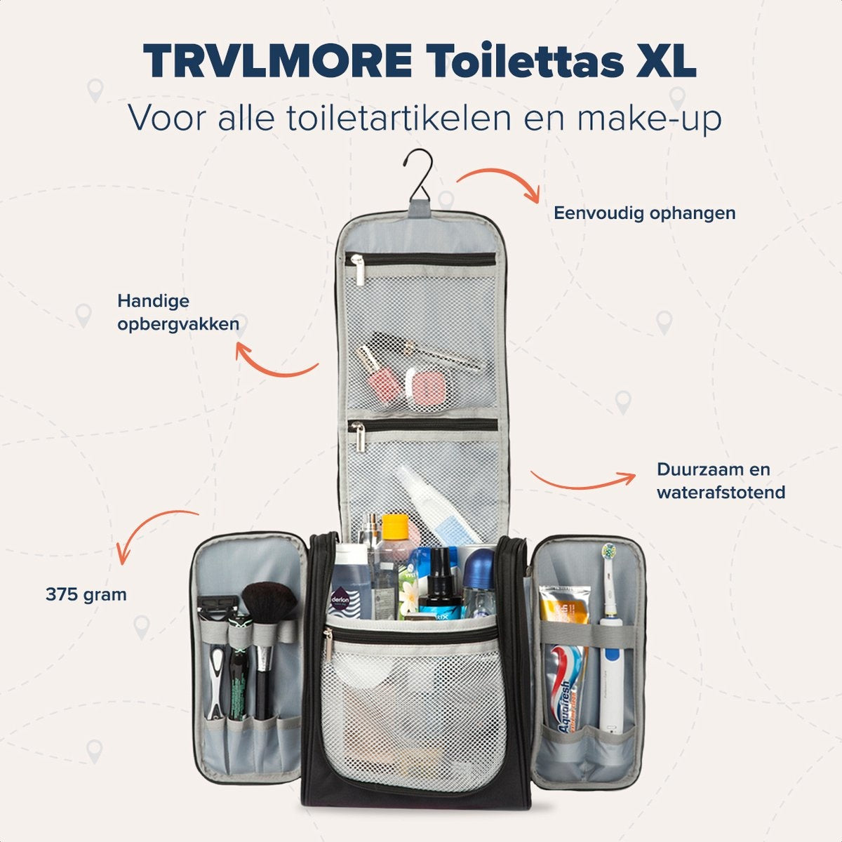 Trousse de toilette XL TRVLMORE - Suspension avec crochet - Noir
