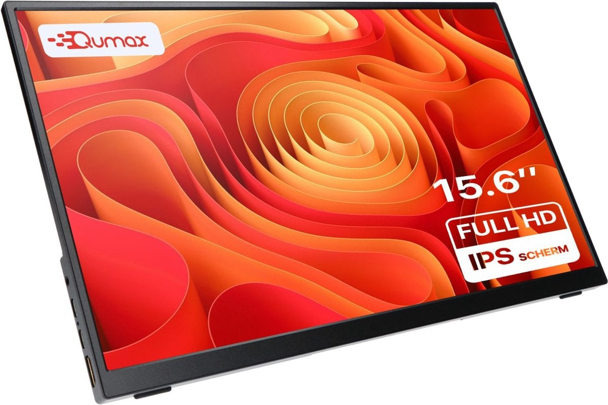 Qumax Portable Monitor - Moniteur portable 15,6 pouces - Full HD - HDMI & USB-C - Inclut une housse et un support - Multifonctionnel - Haut-parleurs intégrés