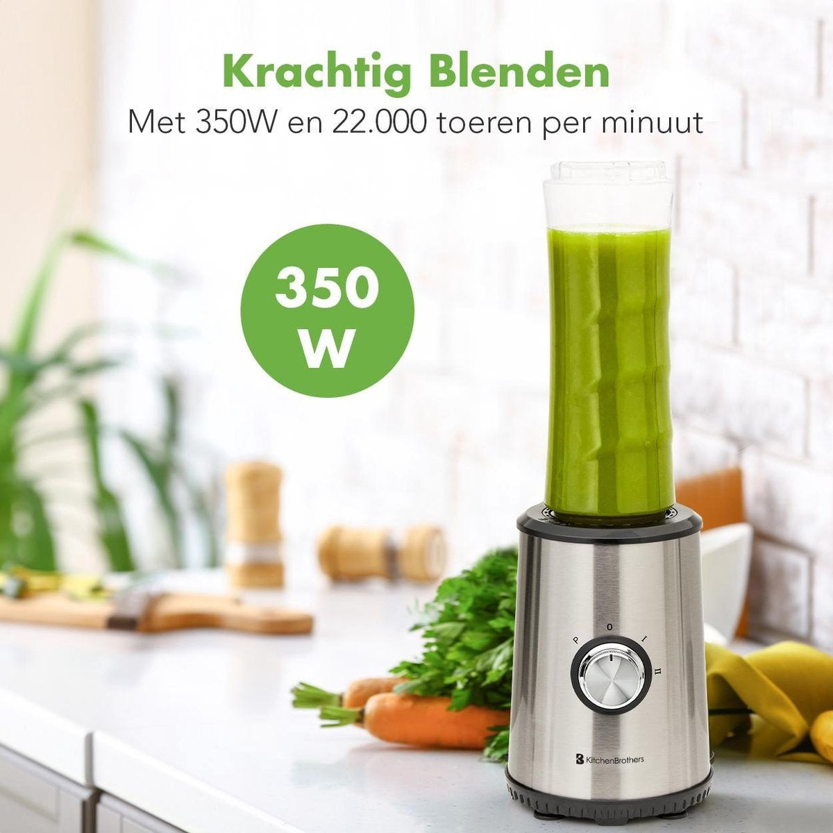Mini Blender - KitchenBrothers - 2 gobelets à emporter - 350W - acier inoxydable