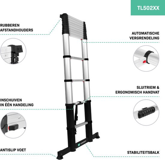 VONROC PRO Échelle télescopique - 3.8m - avec fermeture souple et barre transversale - Sûre et solide
