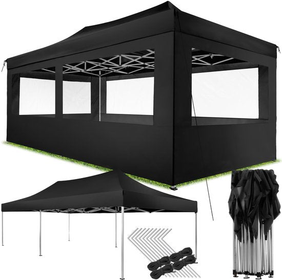 Pavillon pliable tectake® - Pliable et imperméable - Pavillon de jardin avec 4 panneaux latéraux - S'accompagne de piquets, de cordes de tension et d'un sac de rangement - Auvent de terrasse, tente de fête - 6 x 3 m - Noir