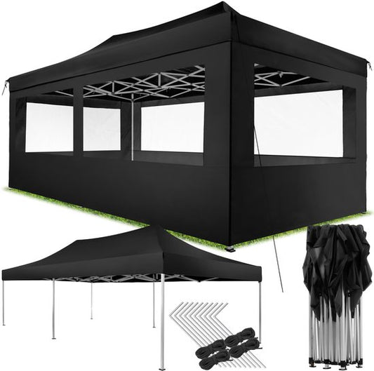 Pavillon pliable tectake® - Pliable et imperméable - Pavillon de jardin avec 4 panneaux latéraux - S'accompagne de piquets, de cordes de tension et d'un sac de rangement - Auvent de terrasse, tente de fête - 6 x 3 m - Noir