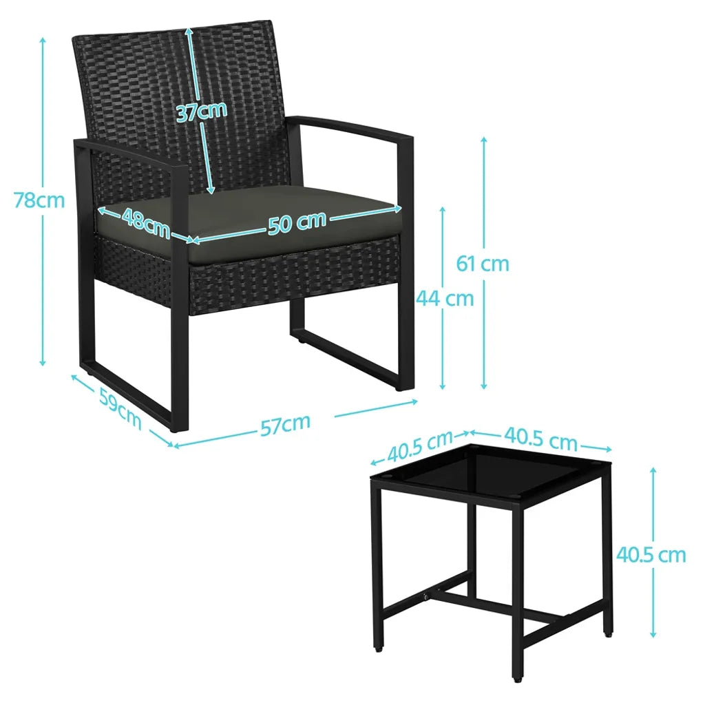 Ensemble de mobilier de jardin Yaheetech, 3 pièces - Noir/Gris - Ensemble de balcon en polyrotin avec table d'appoint