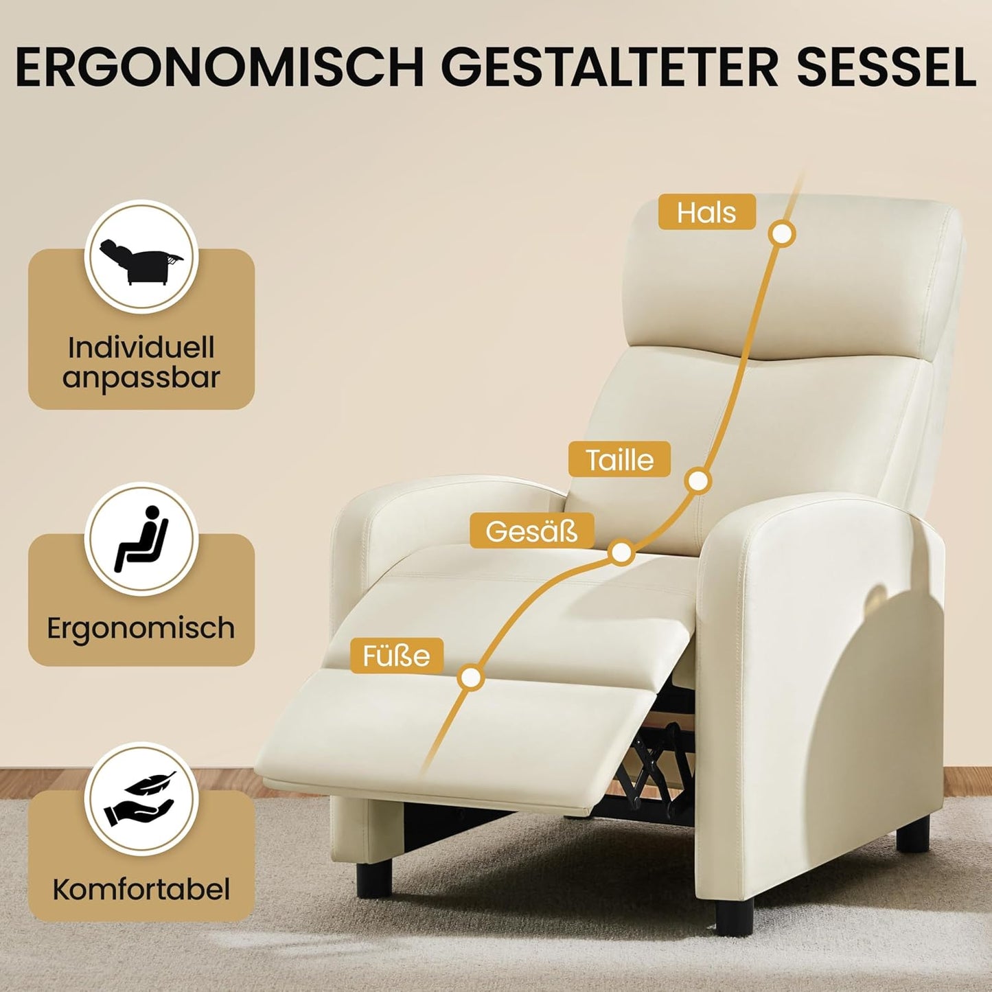 Fauteuil de détente Yaheetech XL - Fauteuil inclinable avec repose-pieds - Simili cuir beige - 87 x 61,5 x 99 cm