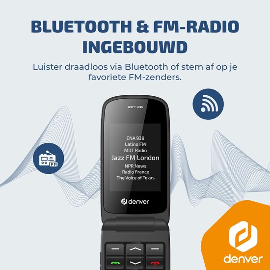 Téléphone portable Denver pour seniors 4G - Grandes touches - Bouton SOS - Grandir sans smartphone - Station de recharge - GSM - Bluetooth - Radio FM - Entièrement en néerlandais et en français - Modèle 2026 - BAS24800L