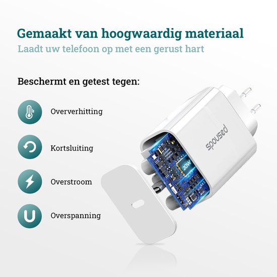 Spoused Adaptateur USB C 20W - Chargeur rapide - Pour iPhone et Samsung - Blanc