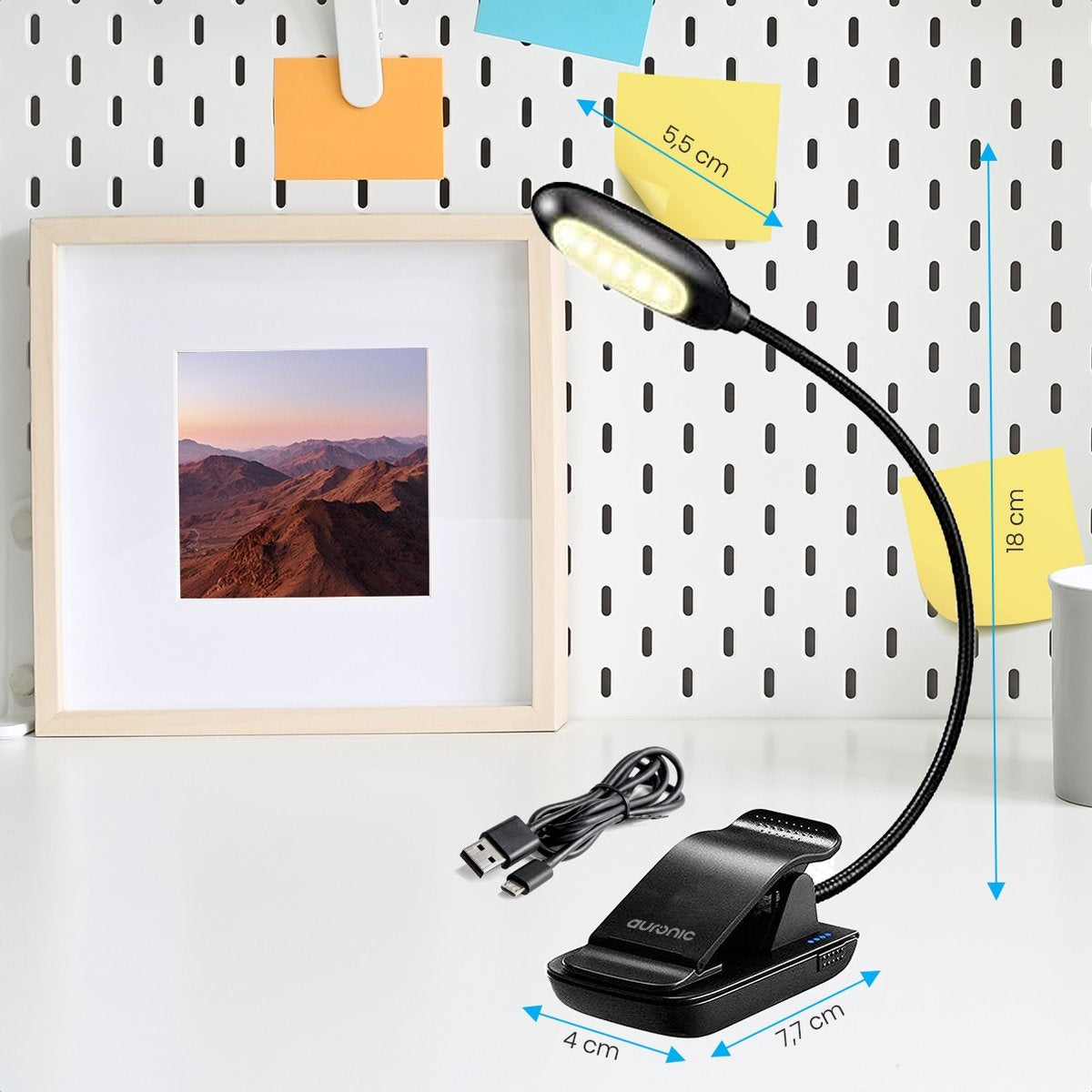 Auronic Liseuse de livre - Liseuse rechargeable par USB avec pince - Sans fil - Dimmable - Ajustable - Flexible - Noir