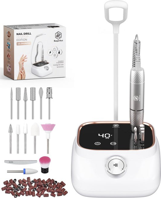 Beeperfect® Lime à ongles électrique édition de bureau - Moulin à ongles - Ensemble manucure et pédicure - 40 000 tr/min - sans fil et rechargeable - 11 embouts, 3 accessoires et 56 rouleaux de ponçage - or rose