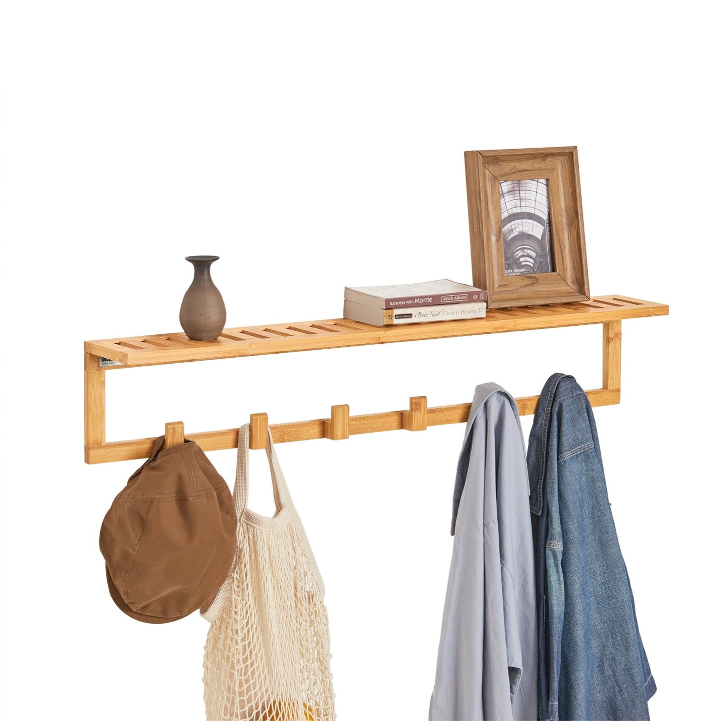 SoBuy FHK06-N Porte-manteau avec étagère murale - 6 crochets - 90x12,5x16,5 cm - Bambou
