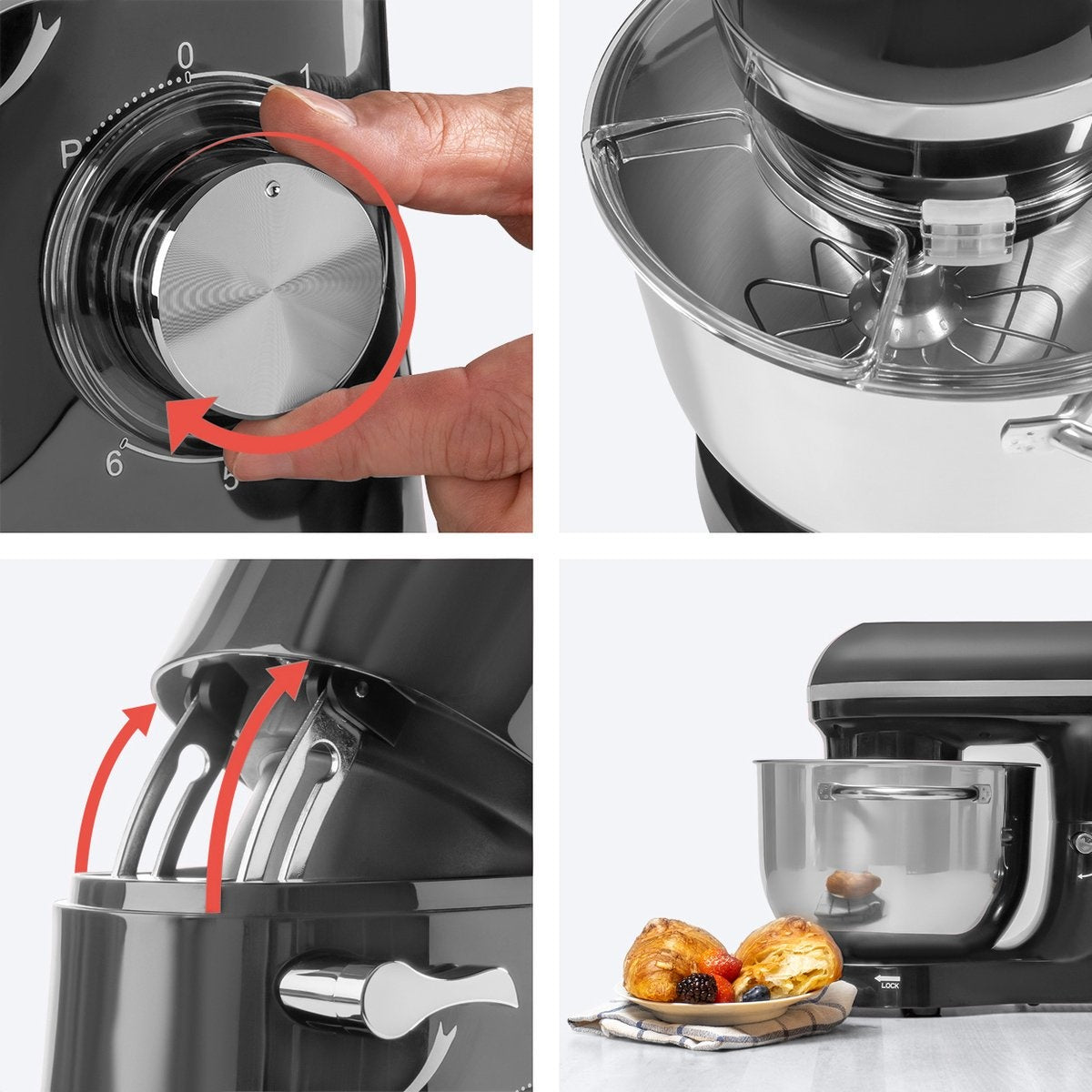 KitchenBrothers Food Processor - Mixeur de cuisine avec bol de 6L en acier inoxydable - Robot de cuisine - 1400W - Anthracite