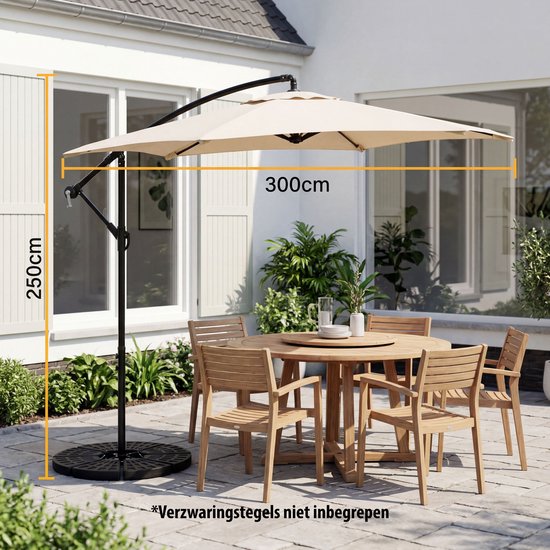 Parasol à bras articulé Tristar - 300 cm, rond - Jardin et balcon - Hauteur réglable - Pied en croix et housse de protection inclus - PA-7906 - Beige