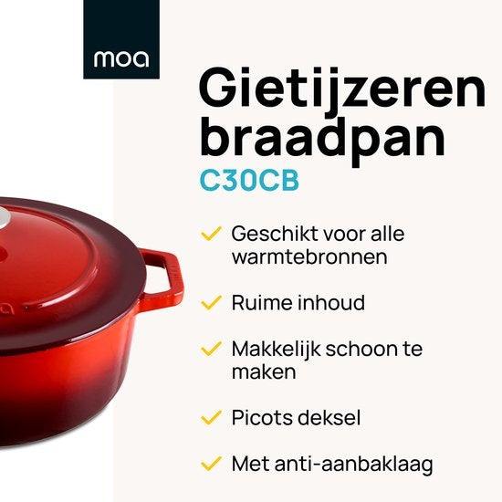 MOA Casserole en fonte - Capacité 7,2 litres - 30CM - Ronde - Toutes sources de chaleur - Egalement pour induction - Poids 7,3 kg - Rouge cerise - C30CB