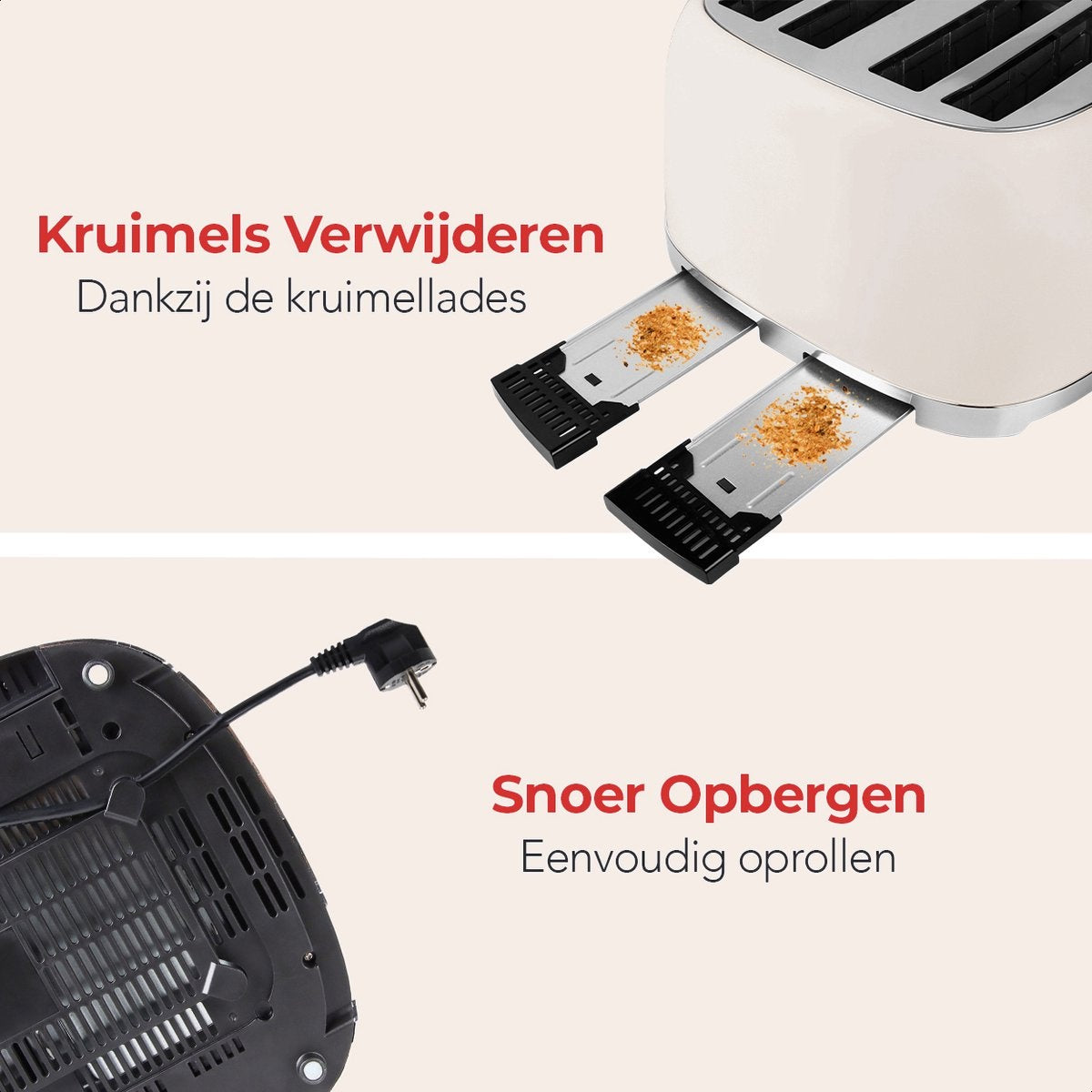 KitchenBrothers Retro Toaster - Grille-pain - 6 niveaux de chaleur - 4 fentes extra-larges - 1630W - Beige