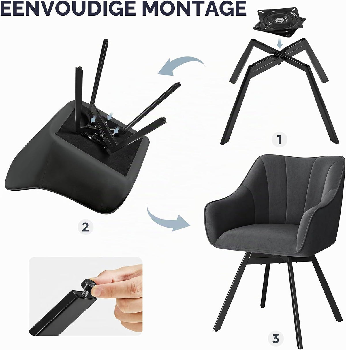 Lot de 2 chaises de salle à manger pivotantes avec accoudoirs et revêtement en velours gris foncé