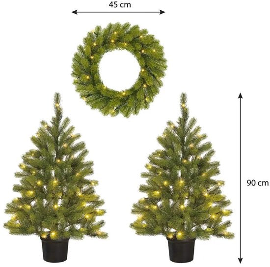 Ensemble « Black Box Trees Nagoya » : sapin et couronne de Noël - 2 sapins de Noël artificiels et 1 couronne avec éclairage LED - H 90 x Ø 45 cm - Vert