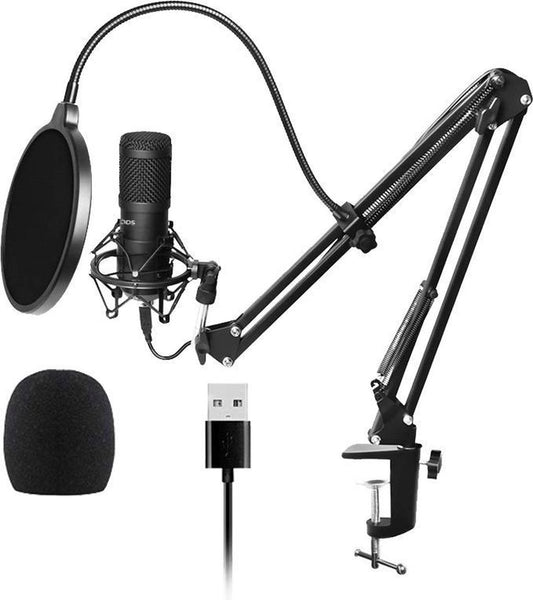 Microphone à condensateur avec bras - Gaming - Cardioïde - Microphone pour PC - USB - Avec support - Plop Cap - Filtre de bruit - Laptop - Streaming