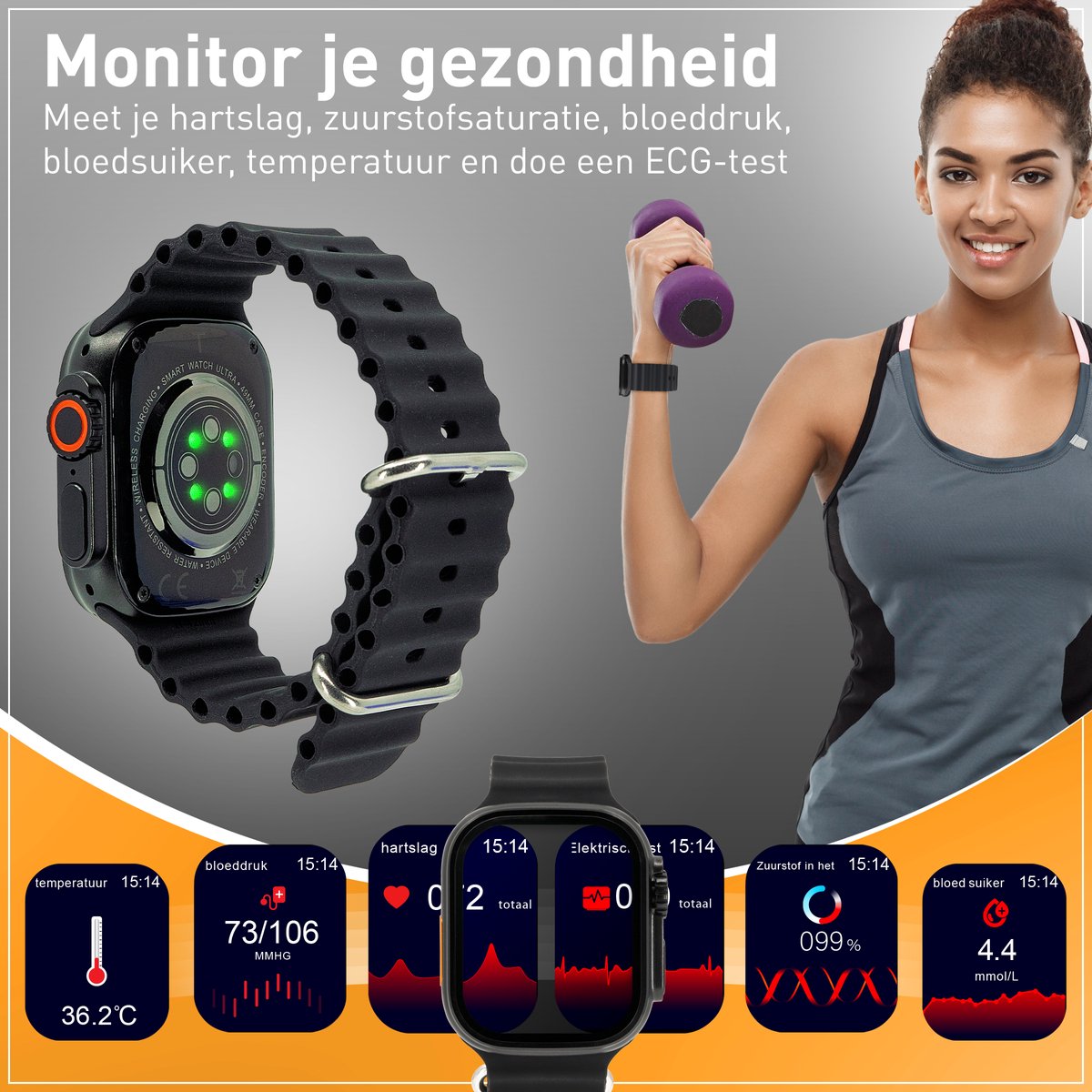 Techancy Smartwatch - Bluetooth - Longue durée de vie de la batterie - Traqueur de sommeil - Hommes et femmes - Noir