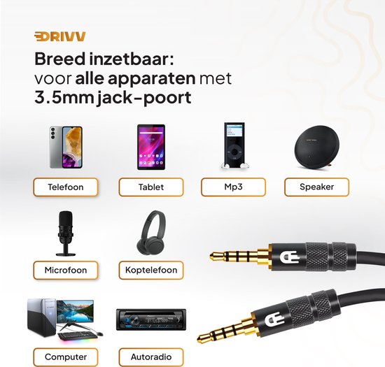 Drivv. Câble AUX 3,5 mm - Jack à Jack - Câble audio 4 pôles - Plaqué or - Mâle à Mâle - PVC - Noir - 5 mètres