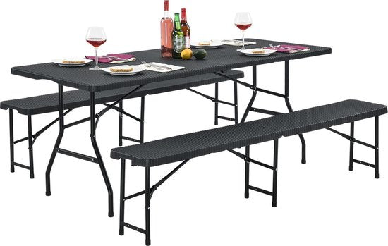 Table à bière / banc à bière / set à bière - Plastique / Rotin - 3 pièces - Noir