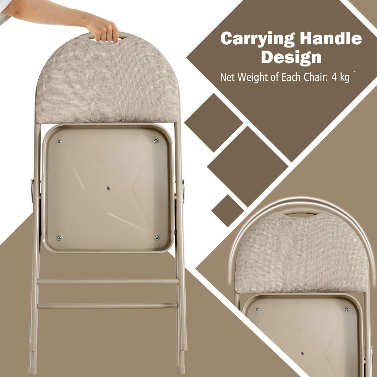 Coast 4-Piece Portable Folding Chair Set - Metal Frame, Padded Seat and Fabric Covered Backrest, Beige, 47 x 50 x 88.5 cm