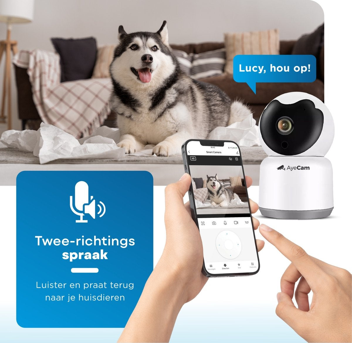 AyeCam Pet Camera - Avec App - Incl. 32GB SD - WiFi - Détection de mouvement et de son - Caméra de sécurité - Caméra pour chien