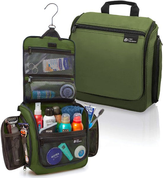 Trousse de toilette D&D Wanderlust avec crochet - Organiseur de voyage de luxe à suspendre avec 10 compartiments - Vert - Unisexe (femmes et hommes) - Capacité de 6 litres - Grande trousse de toilette de voyage à suspendre - Trousse à maquillage