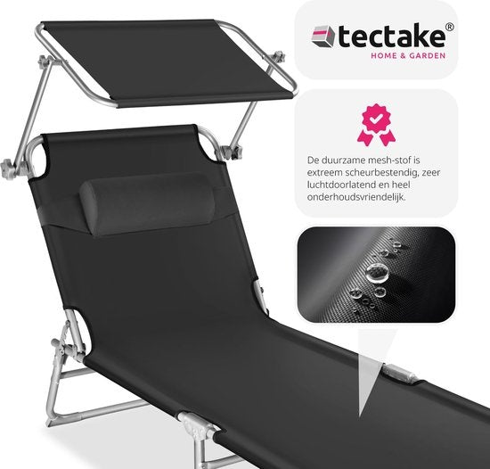 Tectake - Bain de soleil - Structure en acier avec toit coulissant - robuste, dossier réglable en 4 positions avec coussin - Idéal pour jardin, piscine, camping - Noir