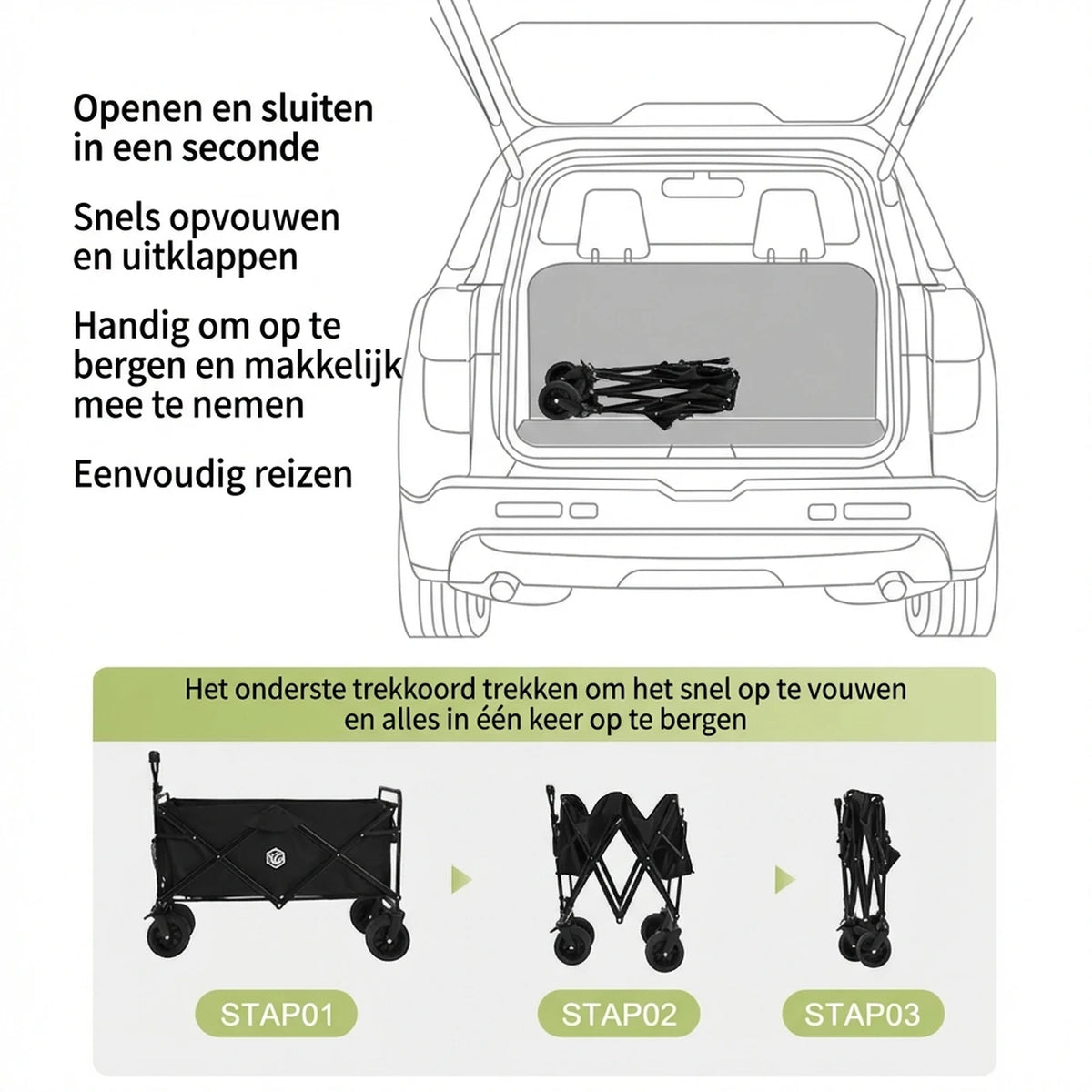 ochama Campingwagen 150L - Chariot pliable équipé de roulements à billes - Capacité de charge de 260 kg - Capacité de chargement de 300 L - Noir