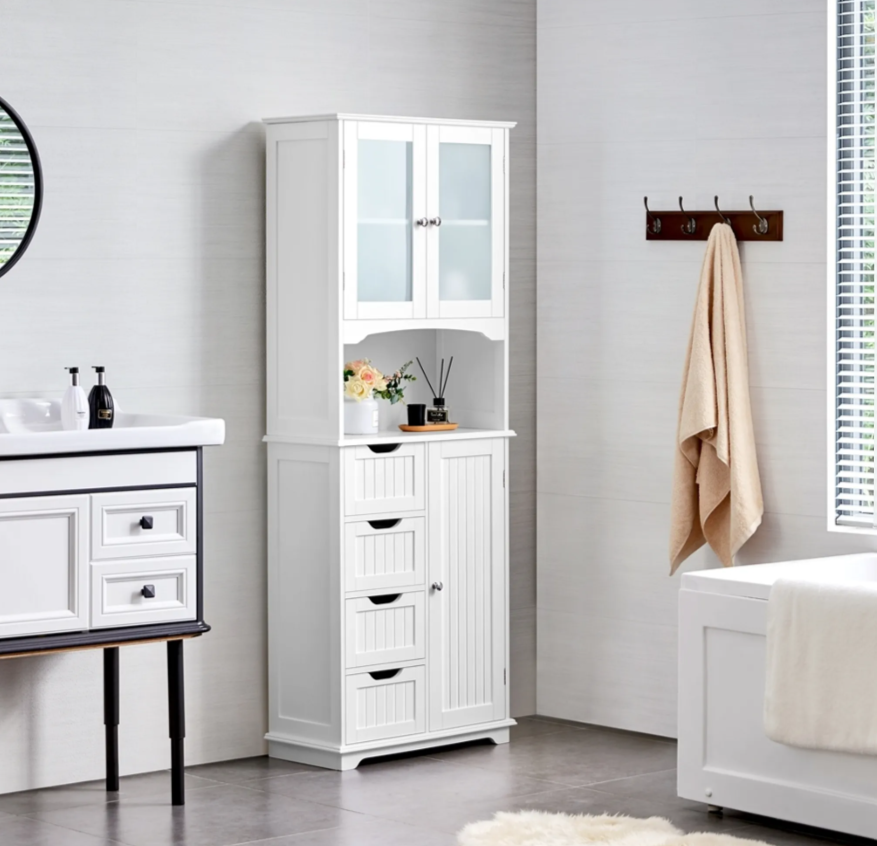 Armoire de salle de bains Yaheetech - Blanche - 63 x 30 x 165,5 cm - Portes vitrées, 4 tiroirs, étagères réglables