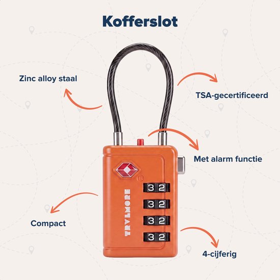 TRVLMORE Cadenas de valise avec câble - Certifié TSA - Fonction alarme - À 4 chiffres - Lot de 2 - Orange