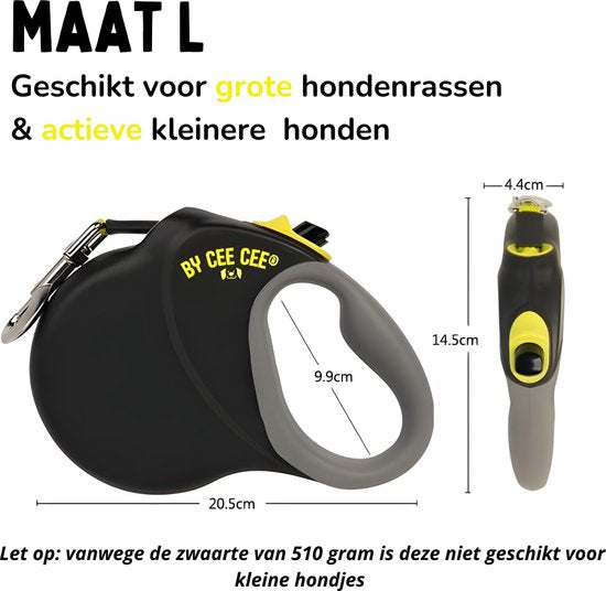 Laisse pour chien By Cee Cee 8 mètres - Laisse pour chien jusqu'à 50 kg - Noir - Laisse réfléchissante - Matériau robuste - Enroulement et déroulement en douceur