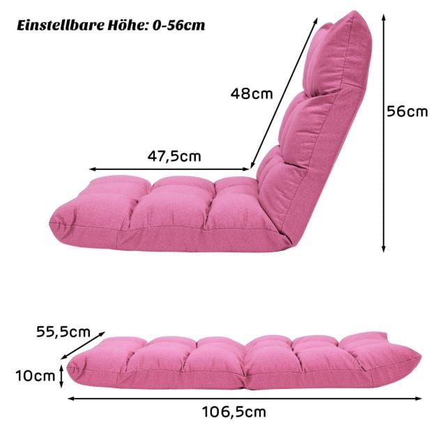 Fauteuil de sol réglable Coast – 14 positions d'inclinaison du dossier – 106,5 x 55,5 x 10 cm – Rose foncé