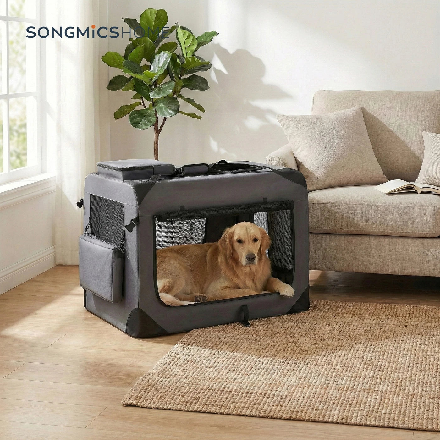 Cage pliable pour chien Ochama 91 x 63 x 63 cm - Tissu Oxford - Gris - Portable - Pour chiens de 23 à 32 kg