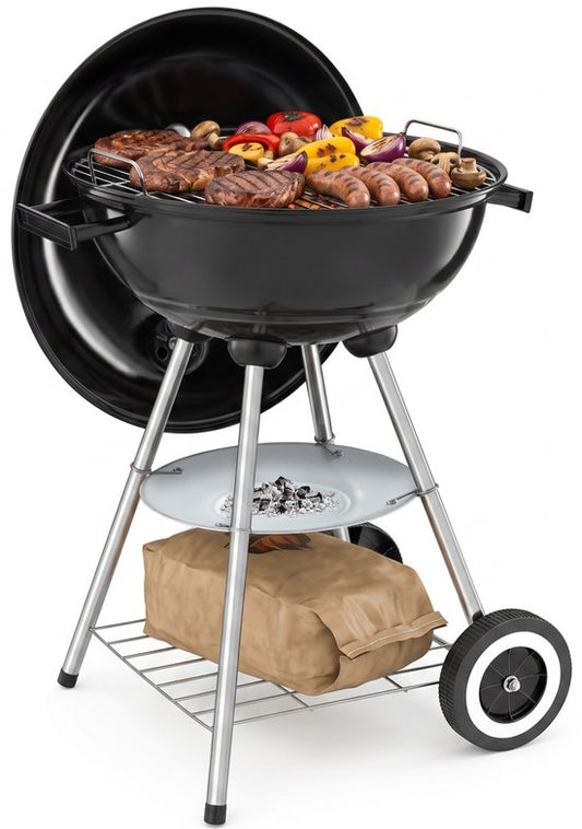 Barbecue au charbon de bois tectake® - Barbecue sphérique - Plaque de cuisson Ø 41,5 cm - Barbecue à 2 roues - Fumoir avec couvercle - Rond - Noir - Métal
